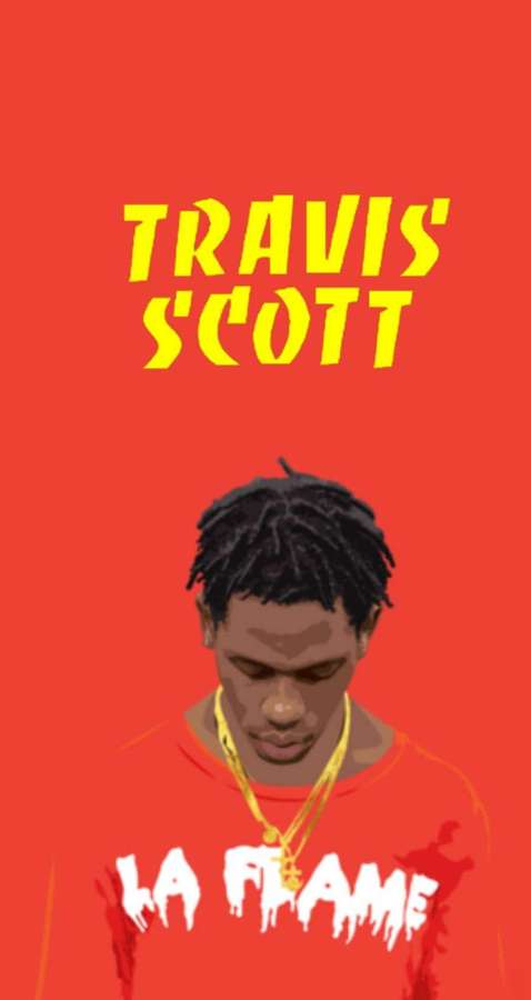 Travis Scott mengenakan hoodie merah dan rantai emas dengan teks kuning tebal di atasnya. — Travis Scott iPhone Wallpaper