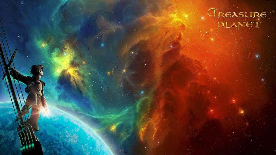 Boy on spaceship looking at colorful nebula in space — Treasure Planet Wallpaper