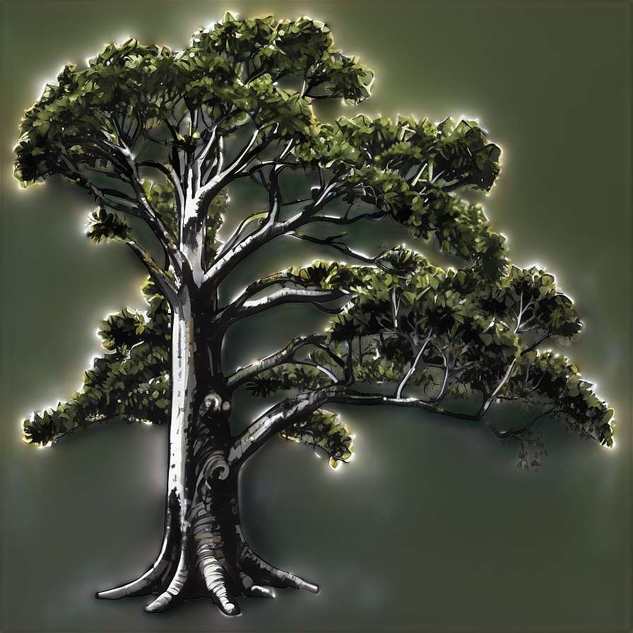 A glowing tree with white bark and green leaves against a dark background. — Tree Plan PNG