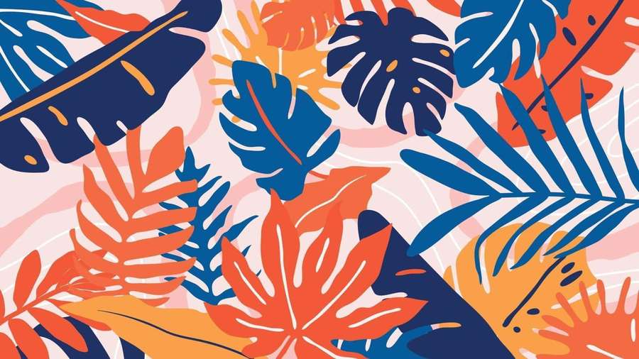 Tropical leaf pattern in bold orange blue and pink colors — Trendy Background