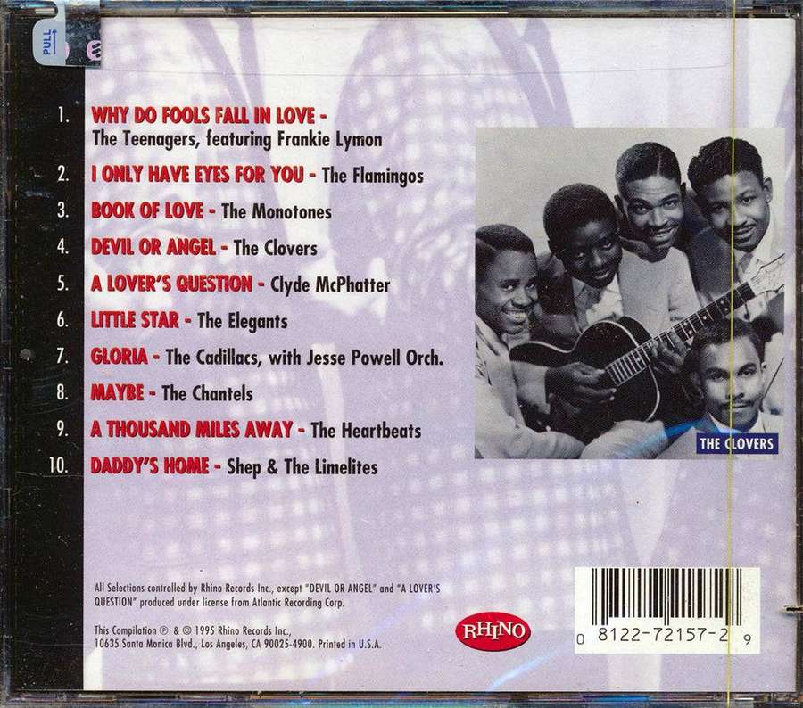 Contracapa de CD com foto de The Clovers e lista de músicas da Rhino Records dos anos 1990. — Trevos Papéis de Parede