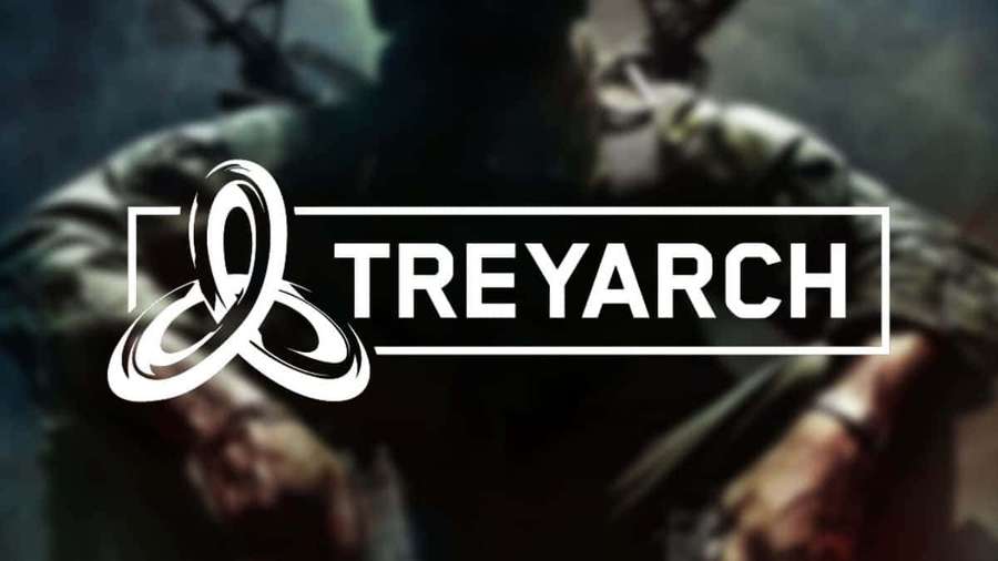 Treyarch logo over a blurred soldier holding a rifle in a smoky scene. — Treyarch Wallpaper