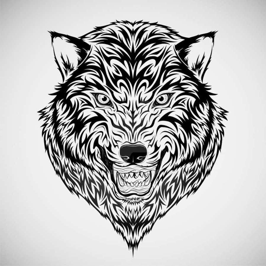 A stylized wolf head with tribal patterns and bared teeth. — Tribal Wolf Wallpaper