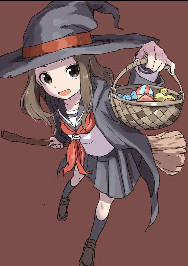 Strega anime in uniforme scolastica vola su scopa con cesto di caramelle. — Trick Sfondi