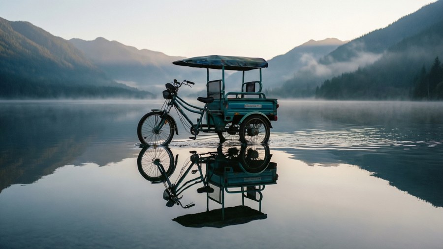 A surreal tricycle floating on water with perfect reflection, creating a dreamlike scene. — Tricycle Wallpaper