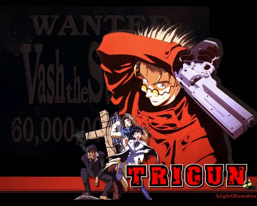 Anime characters from Trigun with Vash the Stampede holding a gun on a wanted poster. — Trigun Background