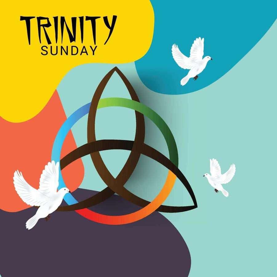 Tiga merpati putih terbang di sekitar simbol triquetra pada latar belakang abstrak berwarna-warni dengan teks 'TRINITY SUNDAY'. — Trinity Sunday Wallpaper
