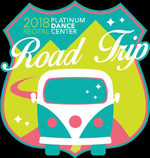 2018 Platinum Dance Center Road Trip logo with vintage van and mountains — Trip PNG