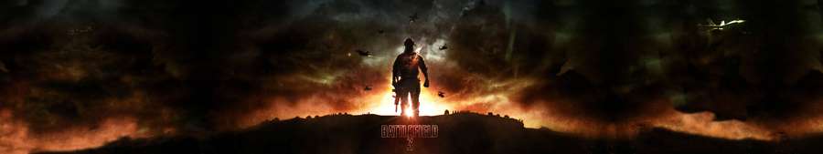 A warrior stands on a hill under a fiery apocalyptic sky with dark clouds and flying creatures. — Triple Display Wallpaper