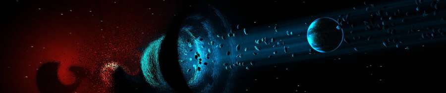 Un planeta azul y nebulosas rojas en el espacio con asteroides flotantes y partículas brillantes. — Triple Imágenes