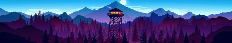 Torre di avvistamento antincendio che brilla nella foresta montana viola di notte sotto la luna piena — Triplo display Sfondi