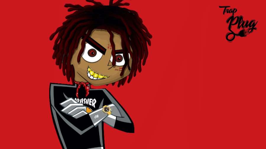Cartoon character with red dreadlocks and a wide grin wearing a black shirt with white graphics. — Trippie Redd Background