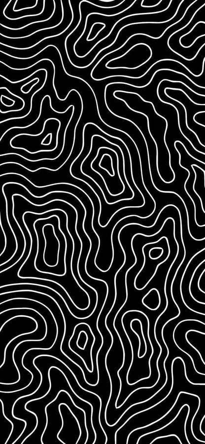 Schwarzer Hintergrund mit weißen wellenförmigen Konturlinien, die ein abstraktes Muster bilden. — Trippige Ästhetik Wallpaper