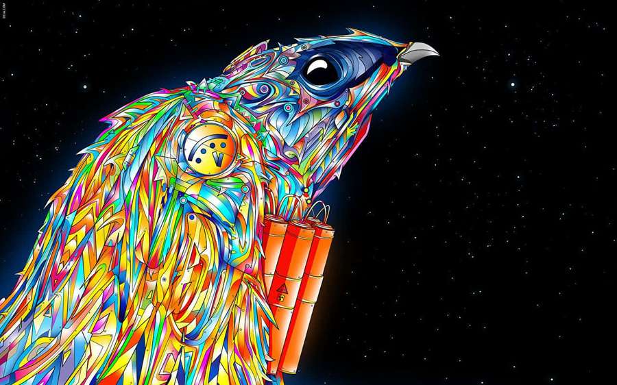 A stylized bird holding a bomb against a starry night sky. — Trippy Animals Wallpaper