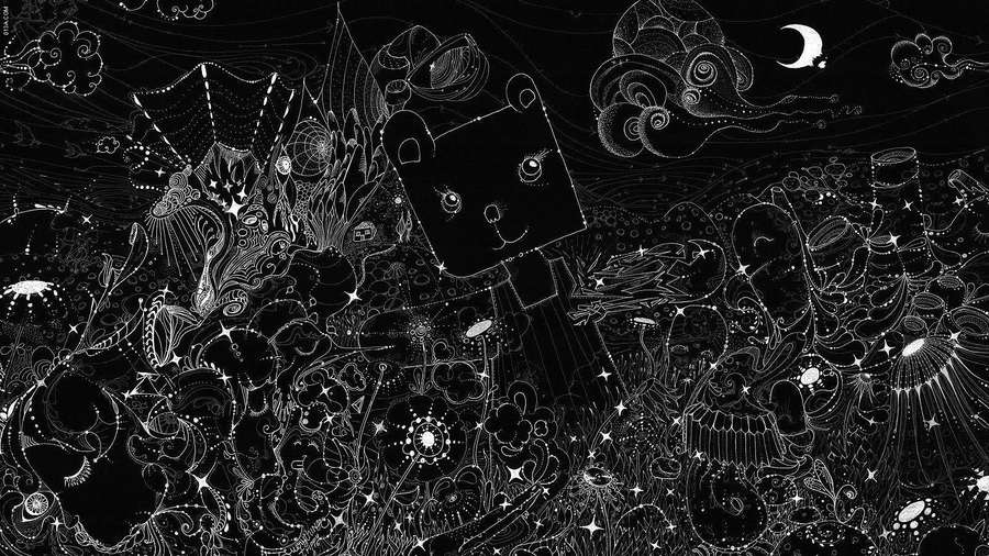 A smiling blocky bear in a cosmic doodle landscape with stars and a crescent moon. — Trippy Dark Wallpaper