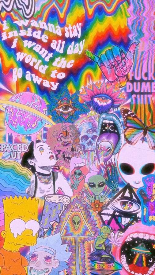 Psychedelic collage with aliens cartoon characters and rainbow colors. — Trippy Dope Background