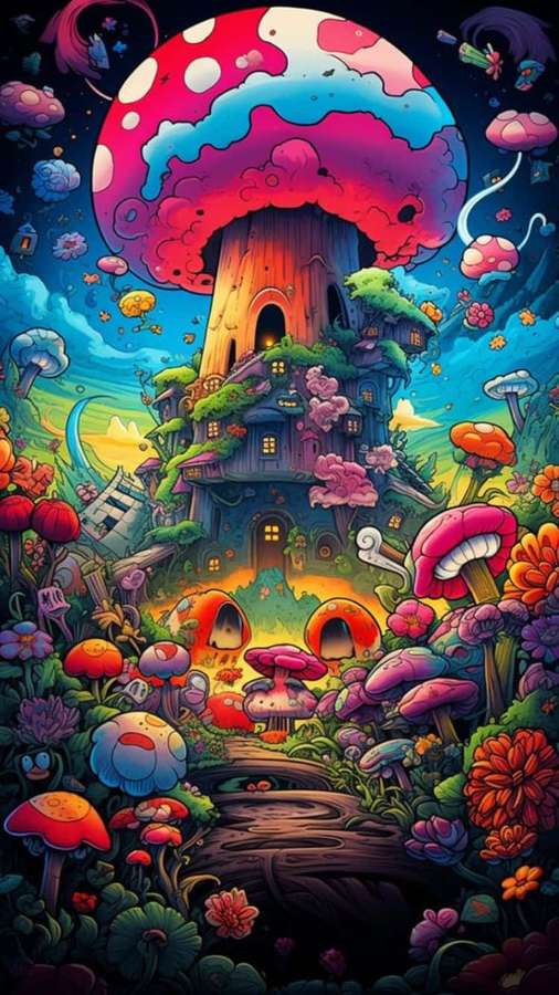 Uma casa de cogumelo brilhante em um jardim mágico sob um céu estrelado. — Trippy iPhone 6 Papéis de Parede