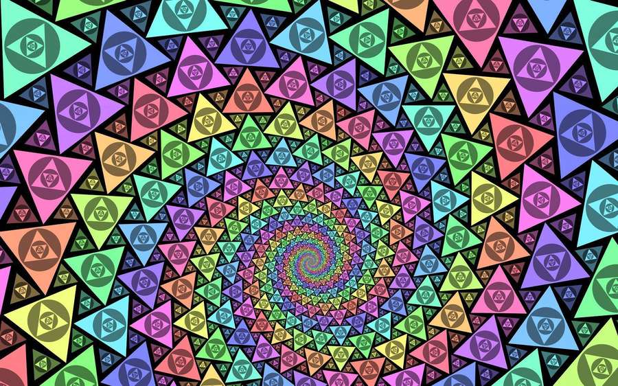 Elävä geometrinen spiraali värikkäistä kolmioista luoden hypnoottisen visuaalisen efektin. — Trippy Taustakuvat