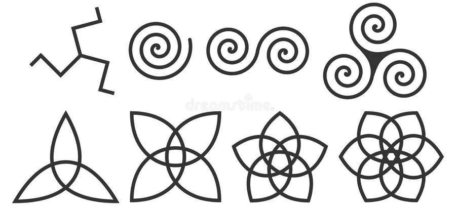 Set of eight black geometric line art symbols on white background. — Triskelion Background