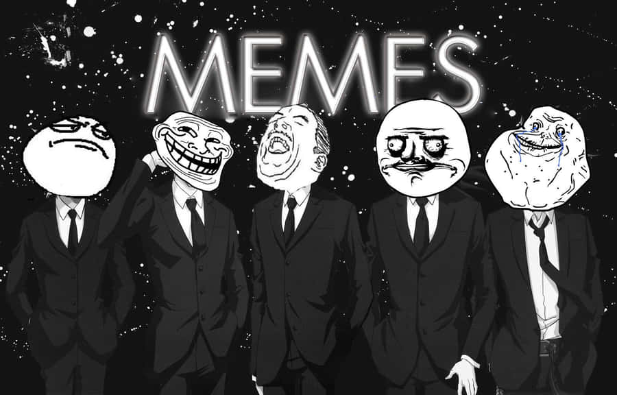 Five suited men with popular meme faces under a glowing MEMES sign. — Troll Face Background