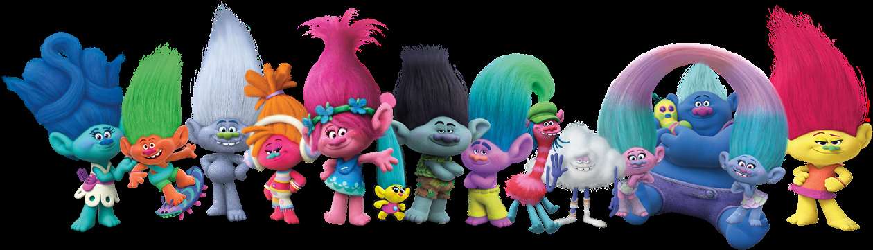Group of colorful Trolls characters with big hair and happy faces. — Troll PNG