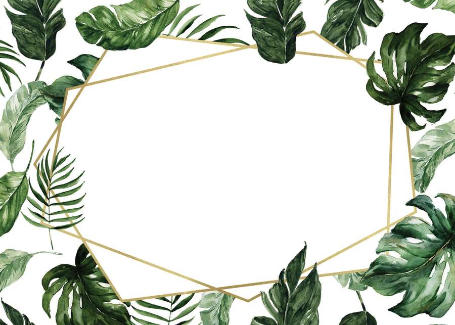 Tropical leaf border with gold geometric frame on white background. — Tropical Background