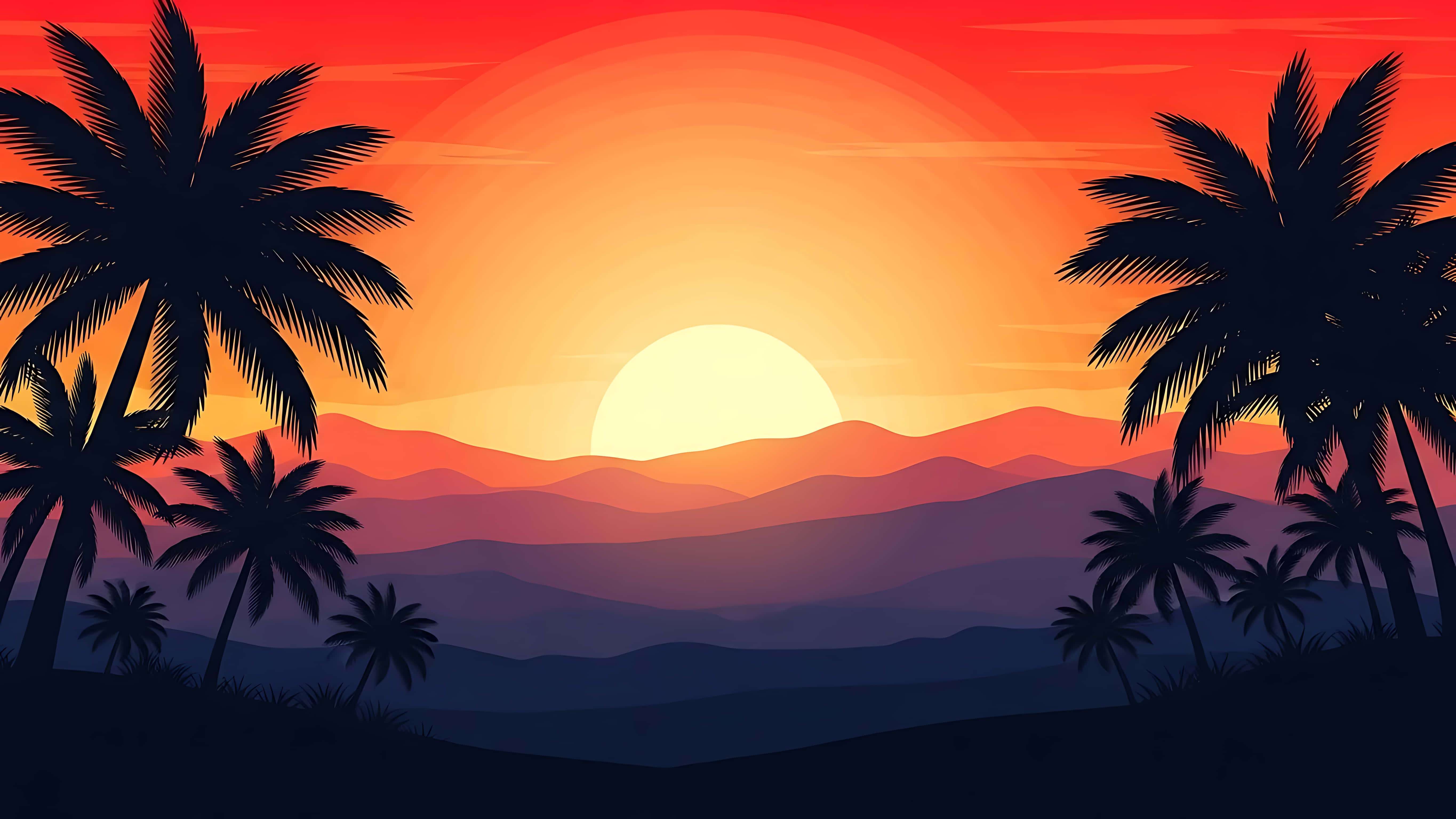 Palm trees silhouetted against a colorful sunset over distant mountains. — Tropical Sunset Background