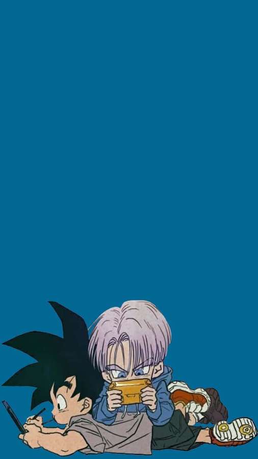 Kaksi chibi anime-hahmoa rentoutuu, toinen syö välipalaa, toinen pitää kynää — Trunks Puhelin Taustakuvat