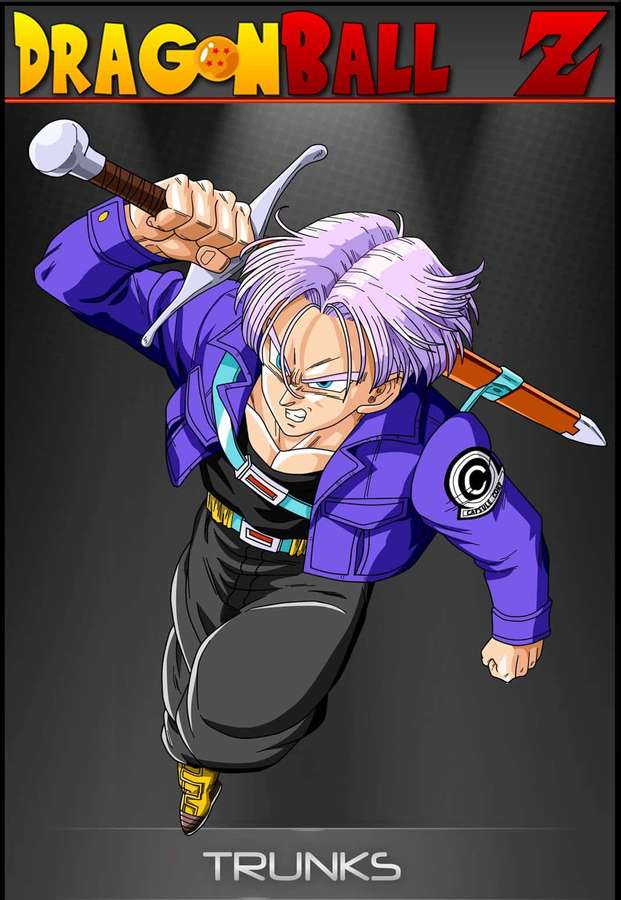 Anime-Charakter Trunks aus Dragon Ball Z in der Luft mit einem Schwert — Trunks Telefon Wallpaper