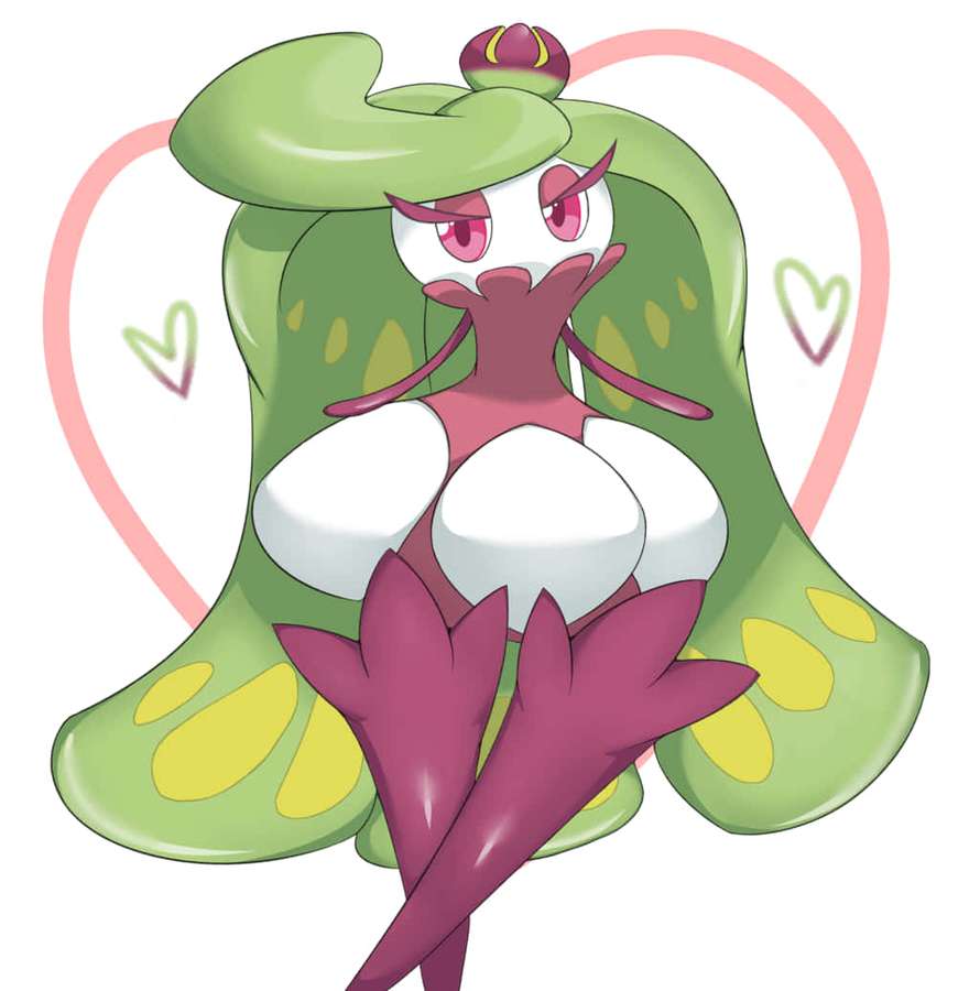 A cute anime Pokémon with green wings and pink details surrounded by hearts. — Tsareena Wallpaper