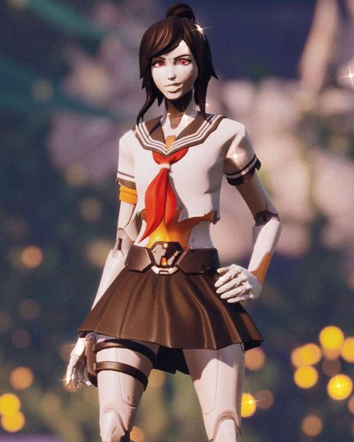 Anime girl in futuristic sailor uniform with glowing effects and blurred background lights. — Tsuki Wallpaper