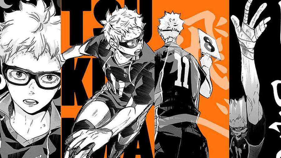 Anime-Volleyballspieler in Aktionsposen mit schwarz-weiß-orange Design. — Tsukishima Bilder