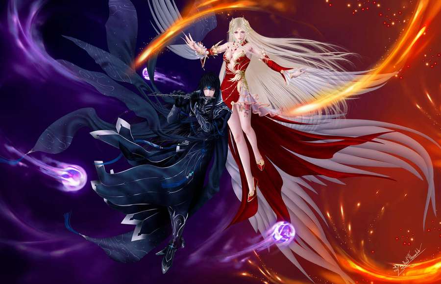 Anime characters in magical battle with glowing energy effects. — Tsukuyomi Background