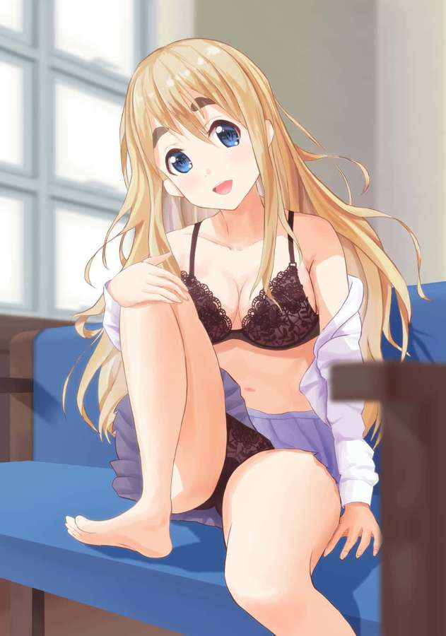 Blonde anime girl in black lace lingerie sitting on blue couch near window. — Tsumugi Kotobuki Wallpaper