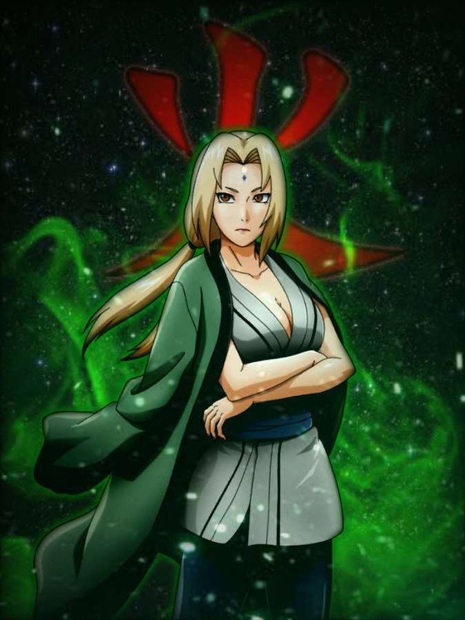Anime character with blonde hair and green robe standing in cosmic energy. — Tsunade Background