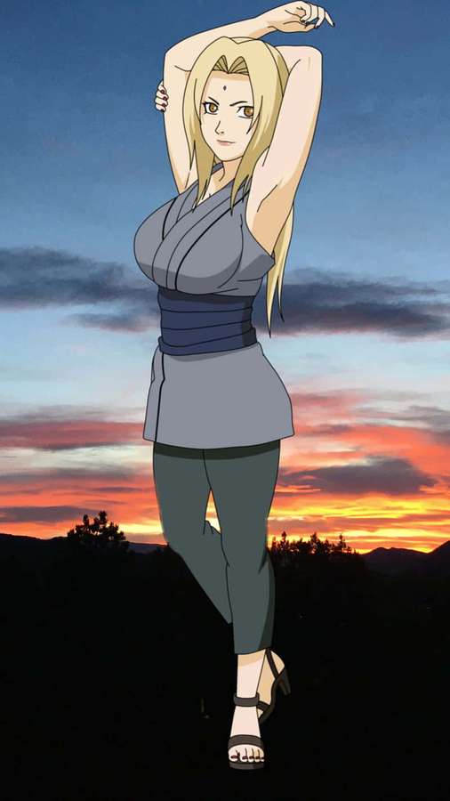 Anime-kvinde med blond hår, der strækker sig ved solnedgang på en bakke. — Tsunade iPhone Wallpapers