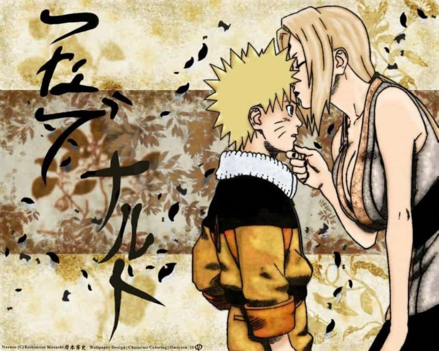 Una mujer de pelo rubio toca suavemente la mejilla de un joven niño rubio en una ilustración estilo anime. — Tsunade para iPhone Fondos de pantalla