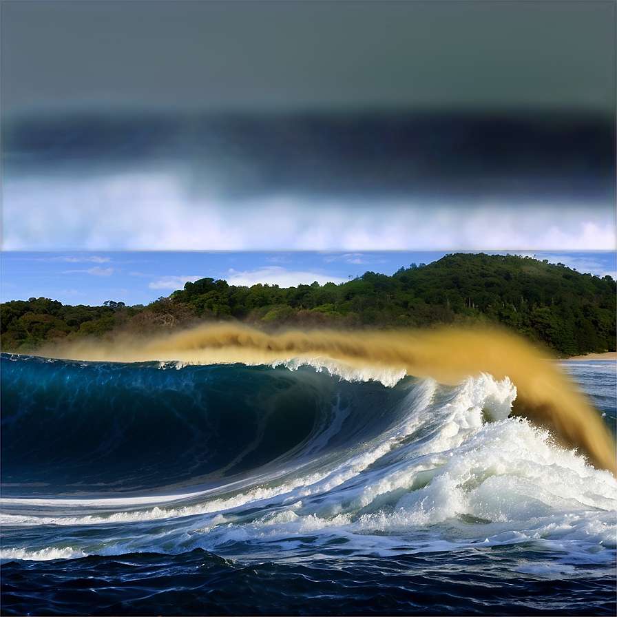 Powerful ocean wave crashing with golden spray against a forested coastline under storm clouds. — Tsunami PNG