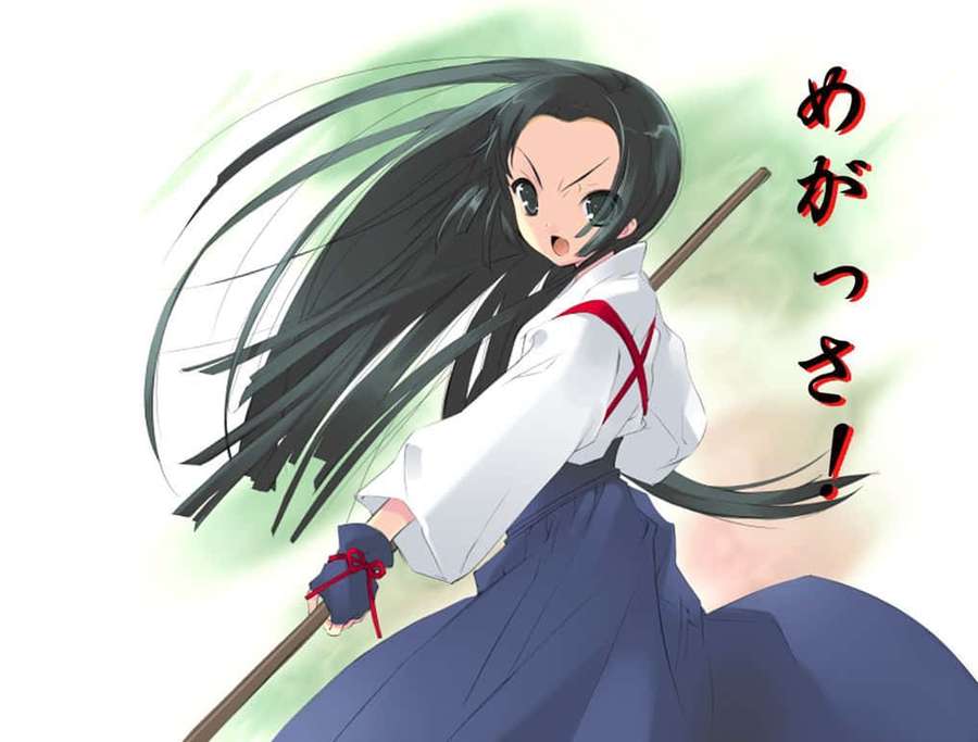 Anime girl with long black hair wielding a staff in action pose. — Tsuruya Wallpaper
