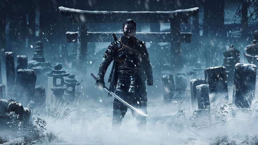 Samurai warrior in snow-covered Japanese cemetery with torii gate — Tsushima Background