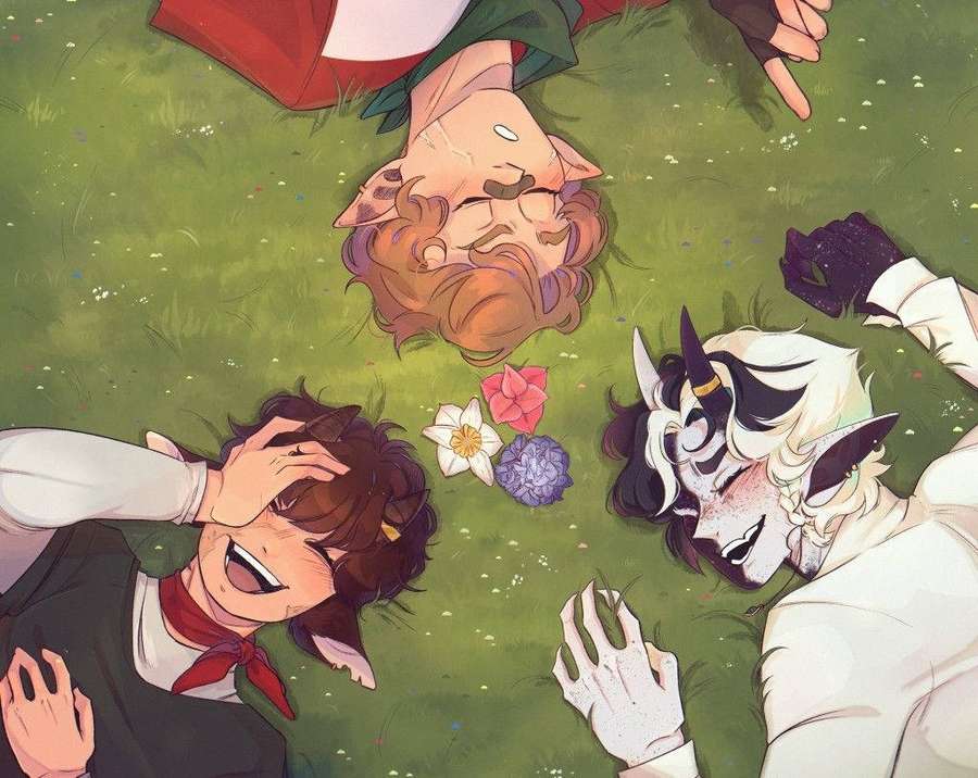 Três personagens de anime com orelhas e chifres rindo na grama com flores. — Tubo Papéis de Parede