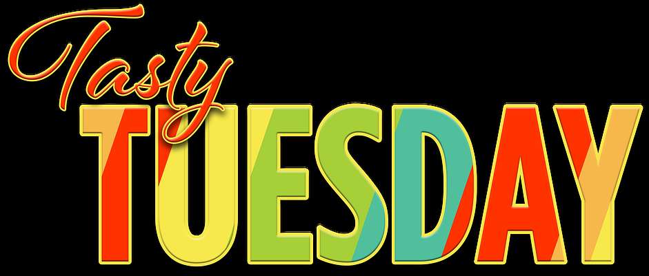 Colorful 'Tasty Tuesday' text graphic with gradient letters and glowing outlines. — Tuesday PNG