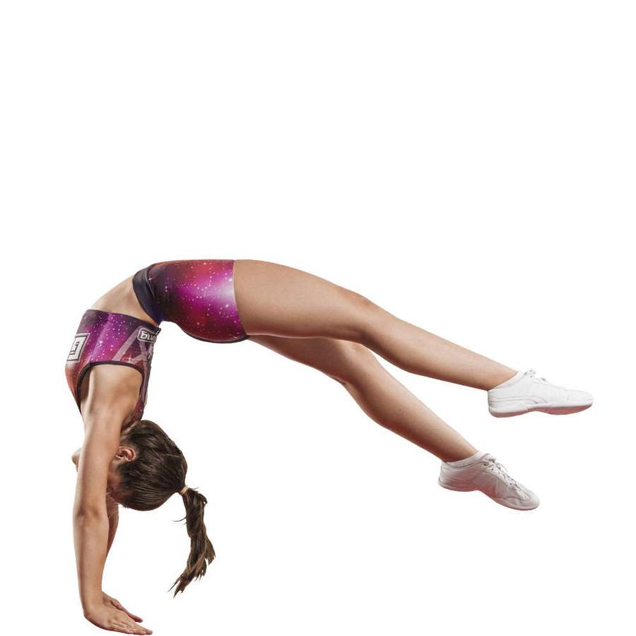 Gymnast in galaxy shorts doing a handstand arch against white background — Tumbling Wallpaper