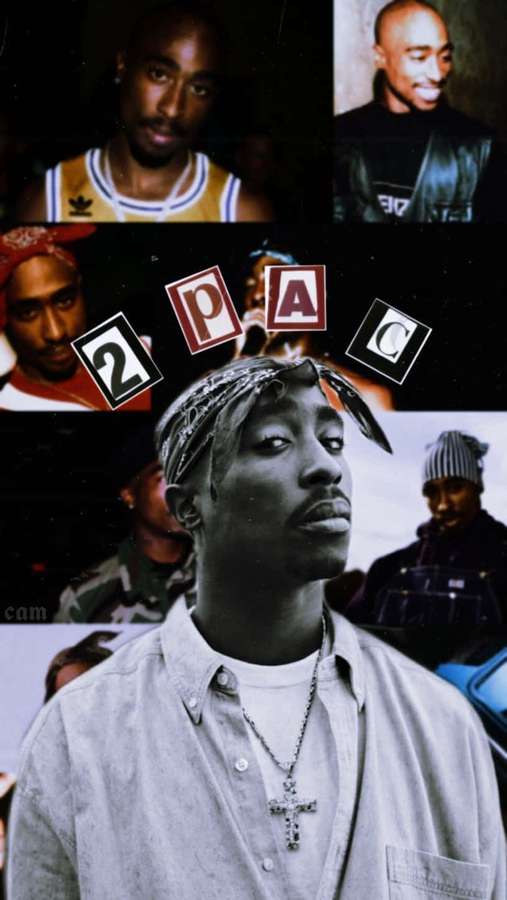 Collage of Tupac Shakur photos with his name in block letters. — Tupac iPhone Wallpaper