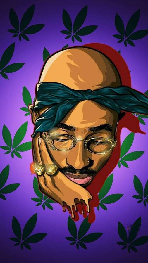 Tupac Shakur portrait with bandana and rings on purple cannabis leaf background. — Tupac iPhone Background