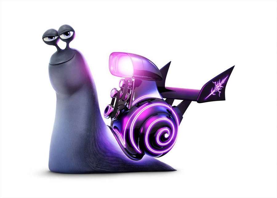 Eine Cartoon-Schnecke mit einem leuchtend lila Jetpack und wütenden Augen. — Turbo Bilder