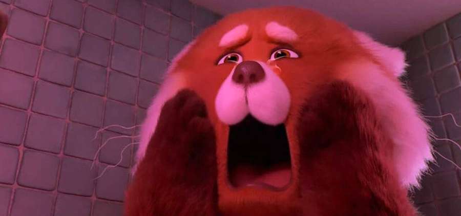 Red panda character screaming in a pink-lit tiled bathroom. — Turning Wallpaper