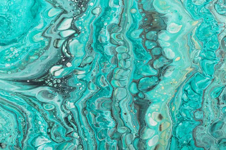 Abstract fluid art with turquoise black swirls and glossy bubbles — Turquoise Green Wallpaper