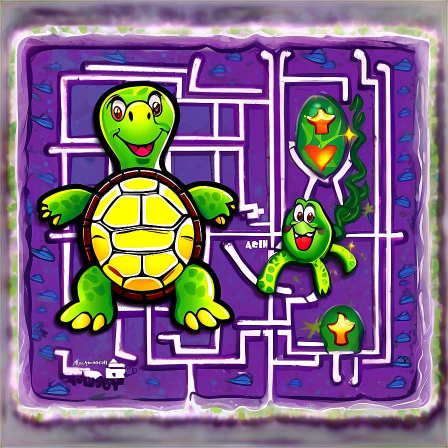 Two smiling cartoon turtles in a purple maze with glowing stars. — Turtle PNG
