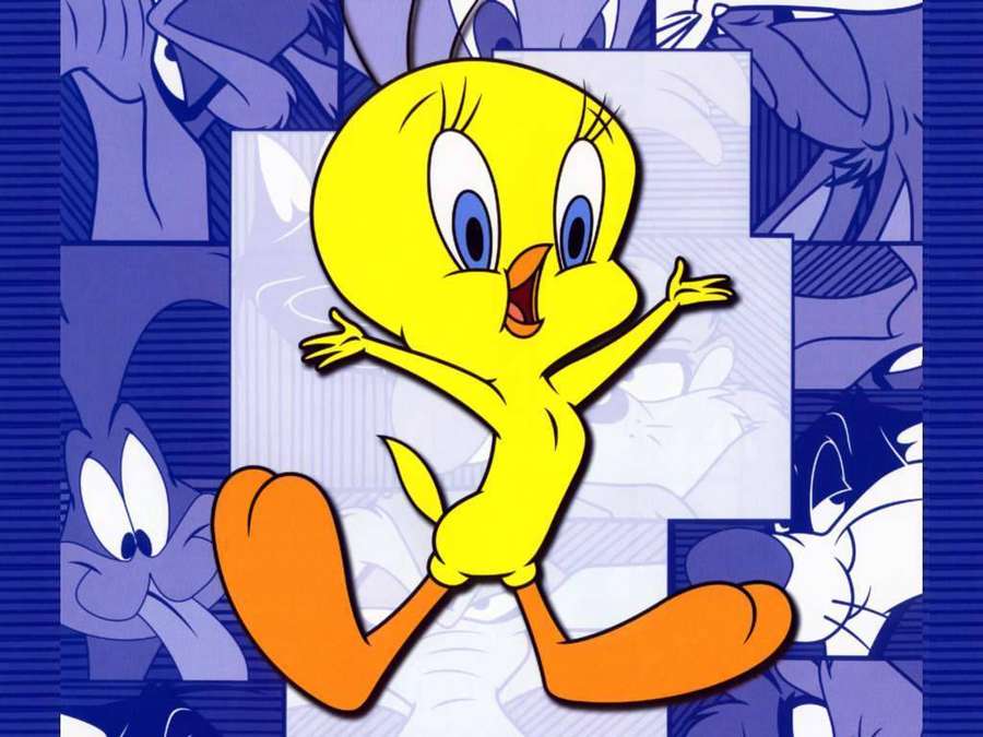 Tweety Bird tanzt mit ausgestreckten Armen vor einem blauen Comic-Panel-Hintergrund. — Tweety Wallpaper